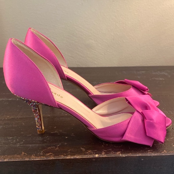 Women's Kate Spade New York Hot Pink Peep Toe Pumps With Glitter Heel Size 7.5 - Picture 3 of 15